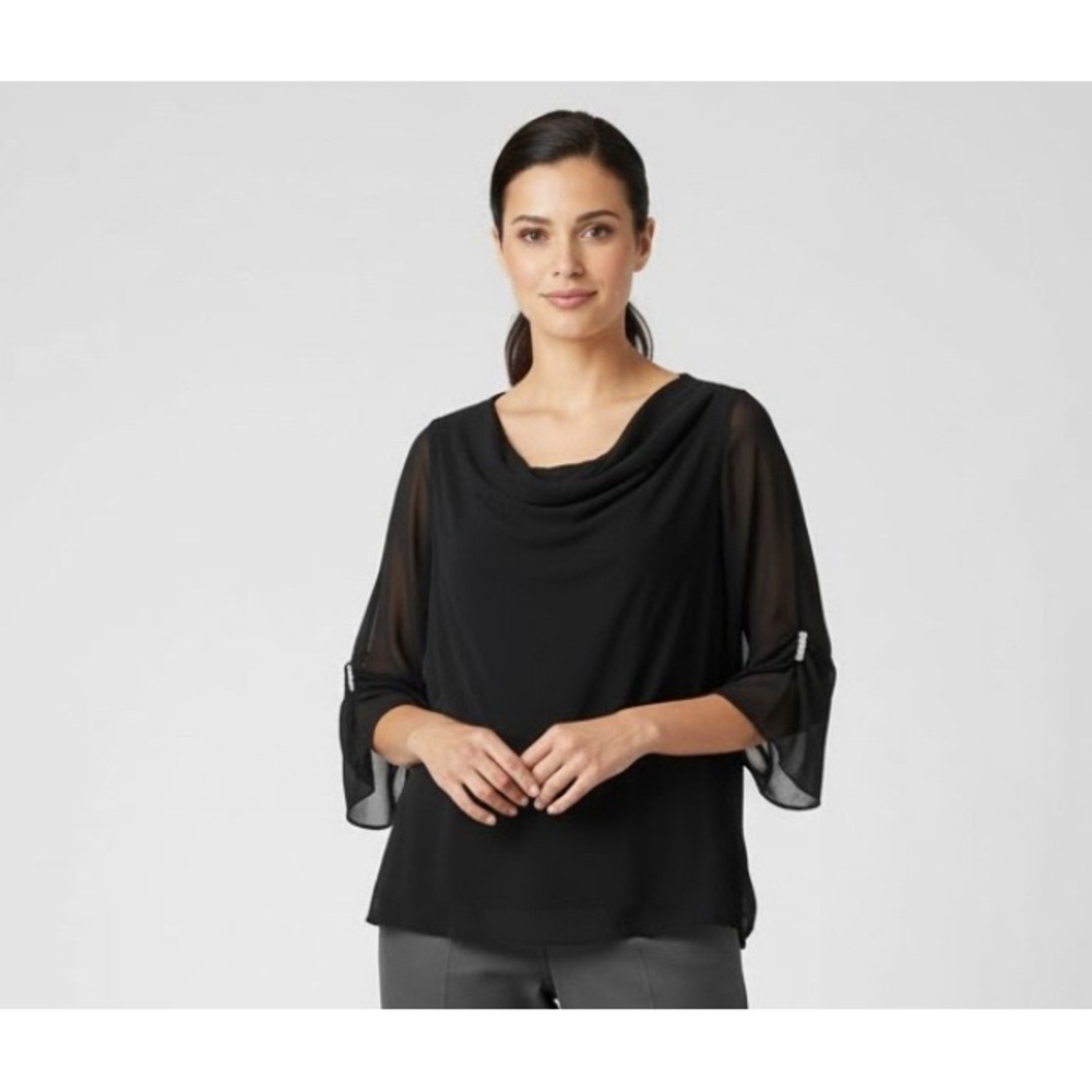 Sandra Darren Women's‎ Black Rhinestobe Sleeve Sheer Chiffon Top Fairy Goth 10